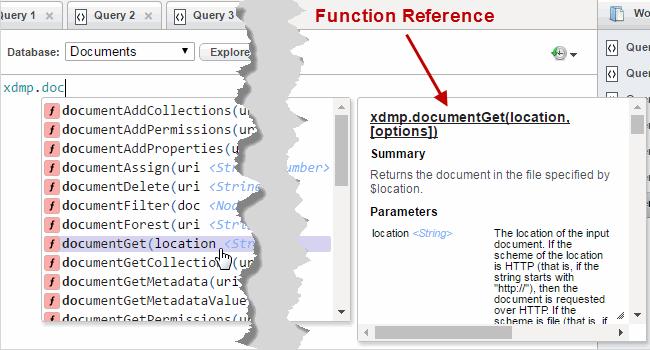 For a function, Query Console also display reference documentation to the right of