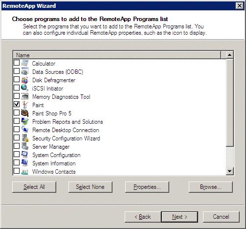 RemoteApp Wizard The RemoteApp Wizard shows a list of applications installed on the Windows 2008 Server.