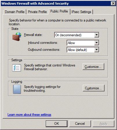 Windows Firewall with Advanced Security Properties Select the profile tab that matches the type of network you are using, Domain, Private, or Public profile.