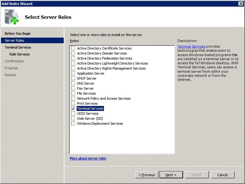 Role Wizard - Select Server Roles The Role Wizard lists a dozen roles that are available.