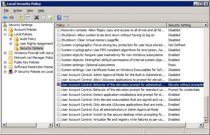 Local Security Policy User Access Controls You may need to go to the Local Security Policy and change the User Account Control: Behavior of the elevation prompt for administrators in Admin Approval