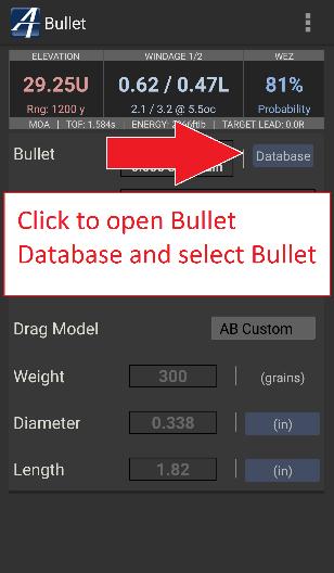 This edit screen allows the user to edit parameters about the bullet itself, including ballistic coefficient, drag curve, bullet weight, bullet diameter, and bullet length.