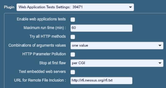 The screen capture below is the Web Application Tests Settings input page: Table 34 Web Application Tests Settings Option Enable web applications tests Maximum run time (min) Description This check