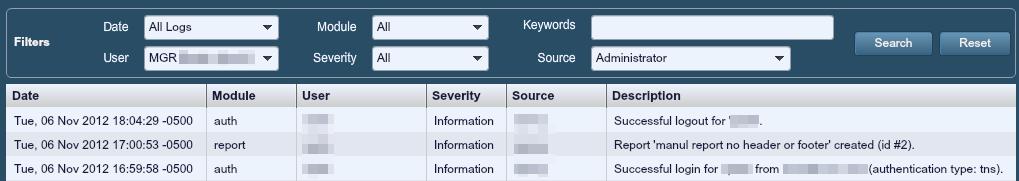 Logs can be searched and filtered by type of SecurityCenter event, event