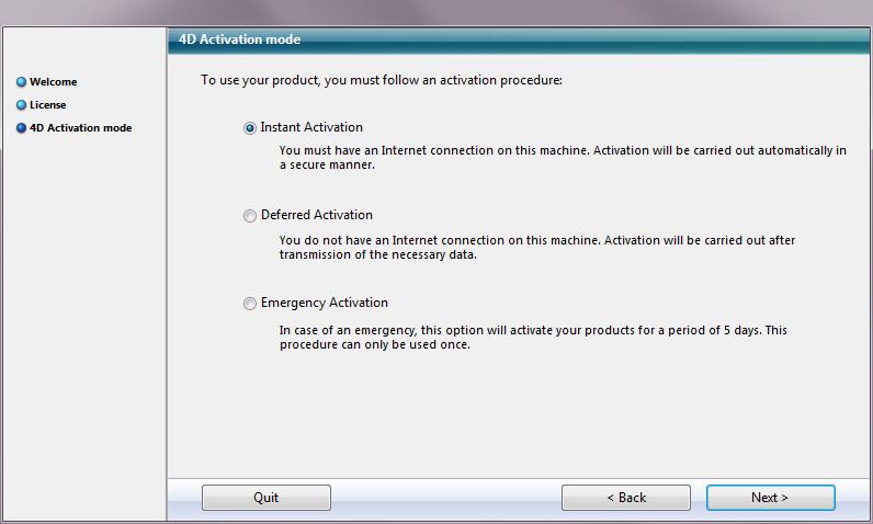 1. Launch the 4D Server application. The dialog box for choosing the activation mode appears (see the following section).