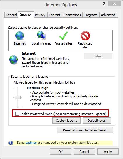 If it is desired to use the Enable Protected Mode feature outside of the Lifecycle Management Suite, it is recommended to add the Lifecycle Management Suite as a trusted site, disable the IE feature