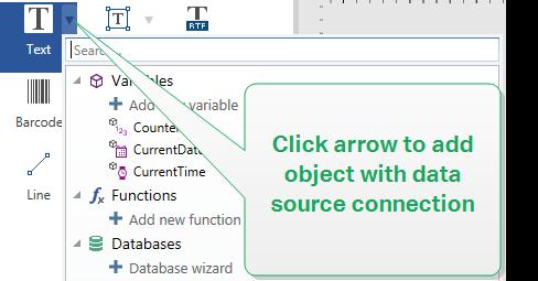 Click the object button down arrow. This opens the dynamic data connection menu. Select from the existing data sources or add a new one.