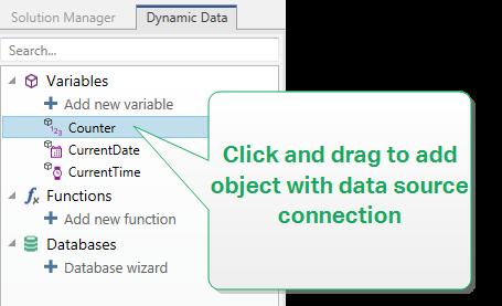 if you click and drag the data source from Dynamic Data explorer to the design surface, a Text object appears.