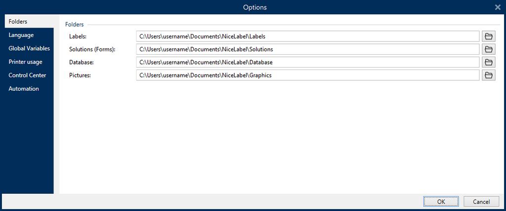 Designer configuration options are grouped on the following tabs: Folders: allows you to set the default locations for storing the labels, forms (solutions), databases and picture files.