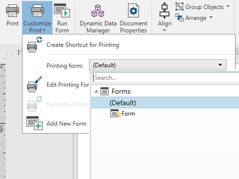 Print button opens the DesignerPrint pane as defined by the Default Printing Form. Customize Print opens multiple options to adapt the printing options.