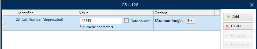 NOTE: GS1-128 barcode selection results in creating a Barcode and a Text object. Barcode object includes the symbol while the Text object includes GS1-128 function content.