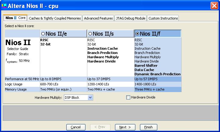 Nios II Core Tab Nios II Core Tab The Nios II Core tab presents the main settings for configuring the Nios II processor core. Figure 4 1 