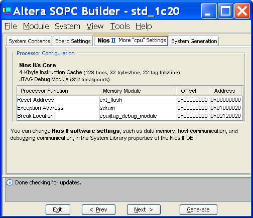 Implementing the Nios II Processor in SOPC Builder Figure 4 7. More Nios II module name Settings Tab The following sections describe each system-dependent setting.
