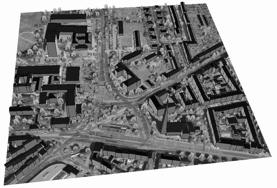 Figure 12: Reconstructed buildings and virtual trees projected to DTM. tioned, oriented and scaled to represent its associated surface.