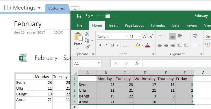 Inserting spreadsheet You can insert a spreadsheet from Excel, so that the information is displayed as an image in OneNote.