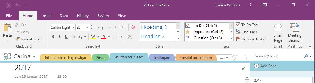 The program pane OneNote's program pane consists of several parts and can be expanded and compressed in several ways. Menu tabs Contain all function commands.