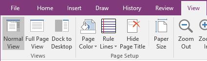 Window views You can change view by clicking on the View menu tab, selecting one of three option in the Views group. When you select Dock to desktop, OneNote is displayed in a smaller window.