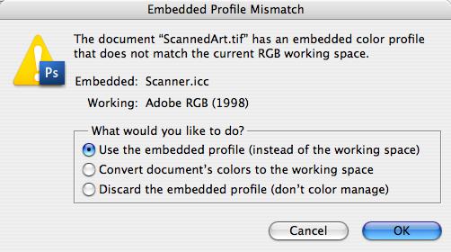 Color Options in Photoshop CS3 Profile Mismatch Warning Use embedded profile Convert to