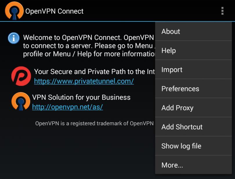 5. In the top right corner, tap. On the menu, tap Import and then select the client.ovpn file you downloaded earlier.