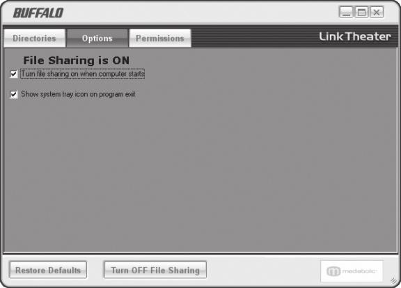 The Options tab will let you turn on and off file sharing. It also includes other options, including the ability to control whether the media server starts when your computer starts.
