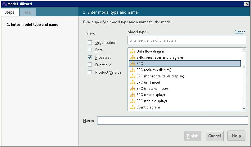 4.1 Create a model To create the Customer acquisition EPC, proceed as follows. Procedure 1. Click the arrow next to the Sales and Marketing database in the Navigation bar.