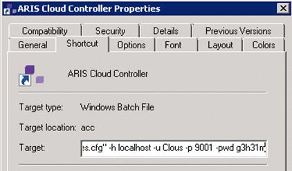 5.8.2.5 Change the default agent user's password The ARIS Agent user has access to ARIS Cloud Controller (ACC).