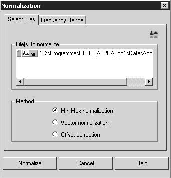 Manipulate Menu Chapt. 3 Figure 118: Normalization - Select Files tab 1 Select the appropriate normalization method. 2 Click on the Normalize button to start normalization.