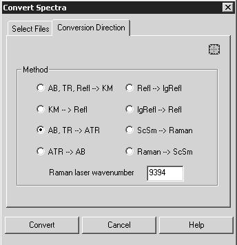 Manipulate Menu Chapt. 3 A B Figure 124: Convert Spectra - Conversion direction 4 Start the conversion by clicking on the Convert button.