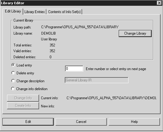 Chapt. 3 OPUS Commands 3.7.11 Library Editor Definition Principle The library editor allows to administer self-generated libraries, i.e. extract and delete library entries, edit library descriptions and information text.