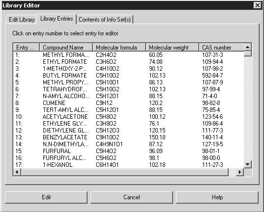 Chapt. 3 OPUS Commands Library Entries Figure 181: Library Entries The Library Entries tab lists the different parameters of all entries of the library currently used.