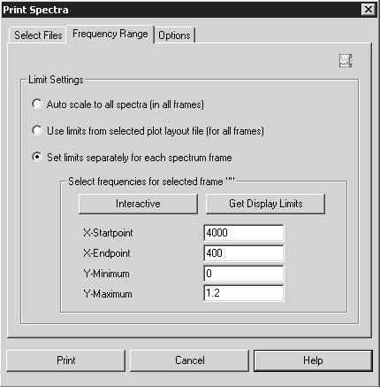 Print Menu Chapt. 3 Frequency Range A B C Figure 192: Print Spectra - Frequency Range A If you activate this option button, the axis of all spectra in all frames will be set to their maximum size.