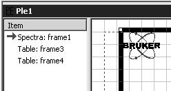 Chapt. 3 OPUS Commands 3.9.3.2 Items The Item column (B in figure 194) shows all items displayed on the drawing area. Frames will be referred to by the type of data included (table, spectrum etc.). The active frame is indicated by a red arrow in the item window and marked by a thick line on the PLE drawing area.