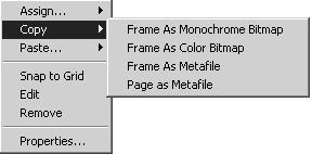 The Copy command duplicates the content of a frame as monochrome bitmap, color bitmap or meta file.