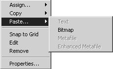 By means of the Paste command you can insert text, a bitmap, meta file or text from the clipboard into the active frame.