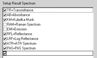 A specific result spectrum type is only available in OPUS if the respective result type check box is activated in the following list.