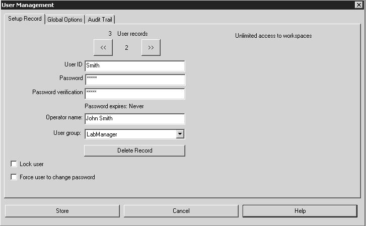 Chapt. 3 OPUS Commands Double user IDs are not allowed and will be indicated by red entry fields. User records cannot be stored, unless all obligatory fields have been filled in properly.
