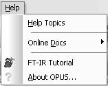 Chapt. 3 OPUS Commands 3.13 Help Menu A B C D Figure 285: Help menu A If you click on this command, the OPUS online help starts. The online help can also be started by the F1 key on the PC keyboard.
