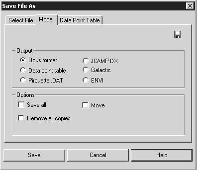 File Menu Chapt. 3 A The name of the spectrum file lately used is automatically shown in the File to save selection field. B Enter the appropriate file name.