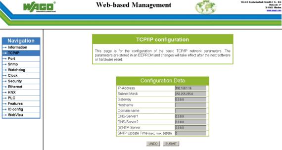 Fieldbus Controller 131 750-849 TCP/IP Click the link "TCP/IP" to go to a Web site where you can specify the settings for the