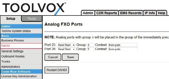 FXO Ports FXO s receive dial tone, and should be cross connected to Bell POTS phone lines or to Phone lines from customer PBX.