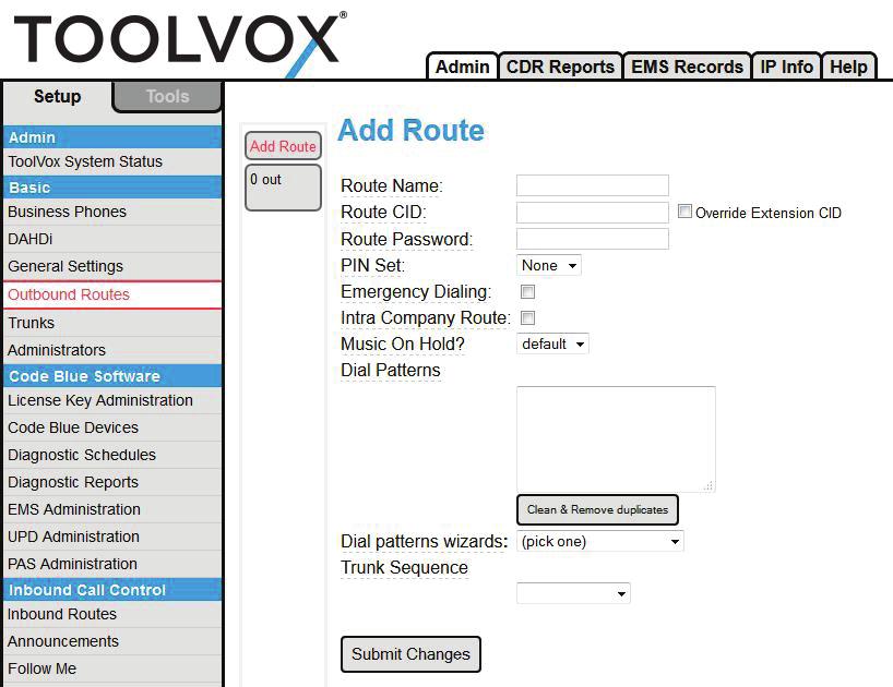 7 Configuring Outbound Routes Outbound Routes is the area that you configure the ToolVox to select a Trunk to transport calls out of ToolVox. Route Name: Describe the type of route here.