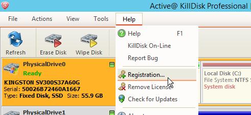 KillDisk overview 8 Figure 1: Accessing the registration window 2. Select the Register or Upgrade Software radio button 3.