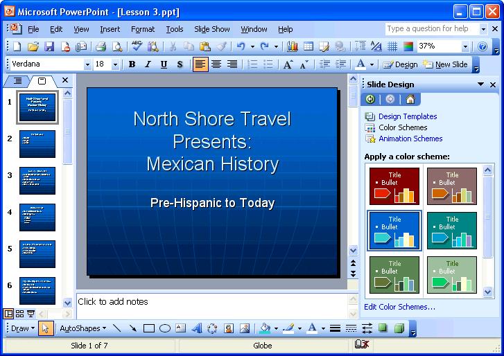 104 Microsoft PowerPoint 2003 Lesson 3-6: Choosing a Color Scheme Figure 3-11 Select a color scheme in the Slide Design task pane.