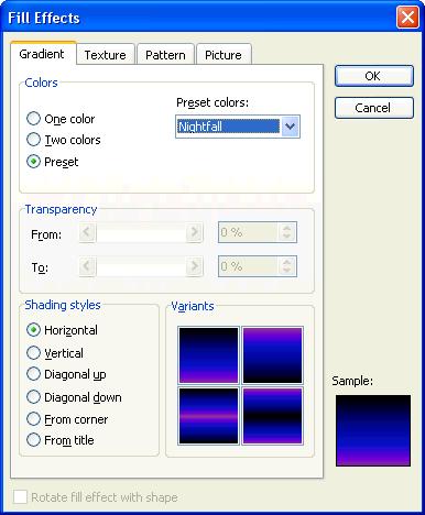 106 Microsoft PowerPoint 2003 Lesson 3-7: Changing the Background of Your Slides Figure 3-13 The Background dialog box. Figure 3-14 The Gradient tab of the Fill Effects dialog box.