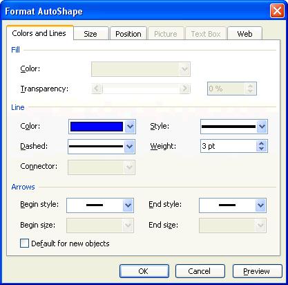 130 Microsoft PowerPoint 2003 Lesson 4-4: Formatting Objects Figure 4-8 The Colors and Lines tab of the Format AutoShape dialog box. Figure 4-9 The Size tab of the Format AutoShape dialog box.