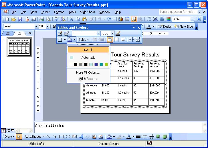 164 Microsoft PowerPoint 2003 Lesson 5-6: Adding Shading and Fills Figure 5-14 Adding shading to a table s cells. Figure 5-15 The Format Table dialog box.