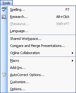 18 Microsoft PowerPoint 2003 Lesson 1-4: Using Menus Figure 1-6 The File menu. Figure 1-7 The Customize dialog box. Check to always show every option on a menu.