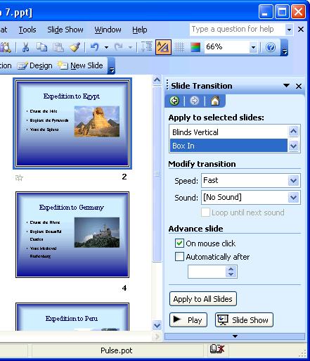 196 Microsoft PowerPoint 2003 Lesson 7-2: Using Slide Transitions Figure 7-3 Hide Slide Summary Slide Slide Transition New Slide The Slide Sorter toolbar.