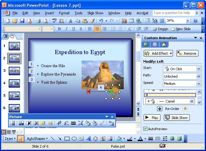 200 Microsoft PowerPoint 2003 Lesson 7-4: Using Custom Animations Figure 7-8 The Custom Animation task pane. Figure 7-9 The animated slide.