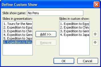206 Microsoft PowerPoint 2003 Lesson 7-7: Creating a Custom Show Figure 7-15 The Custom Shows dialog box. Figure 7-16 The Define Custom Show dialog box.